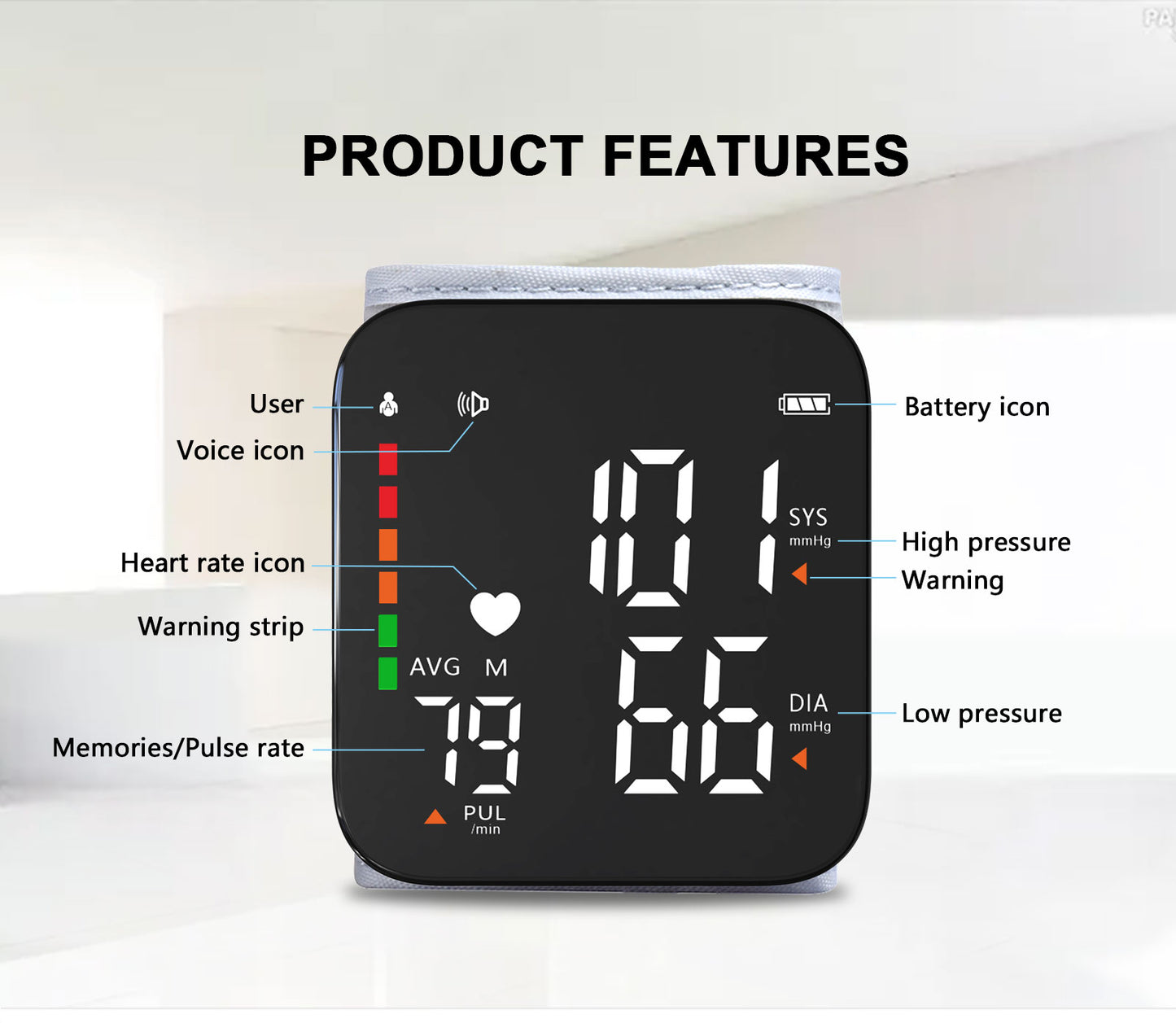 Medidor de presión arterial de muñeca digital Monitor de BP mini esfigmomanómetro 