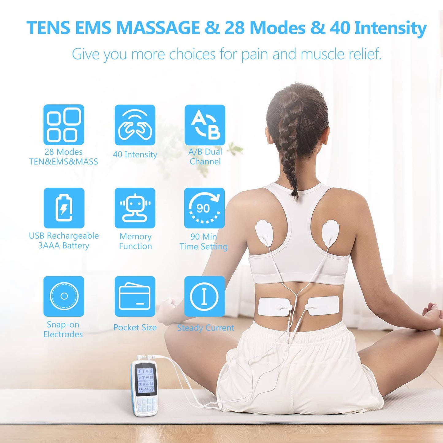 Almohadillas de electrodos de doble canal, 28 modos, máquina de terapia de Estimulador muscular para alivio del cuello y espalda, unidad TENS EMS de masaje 