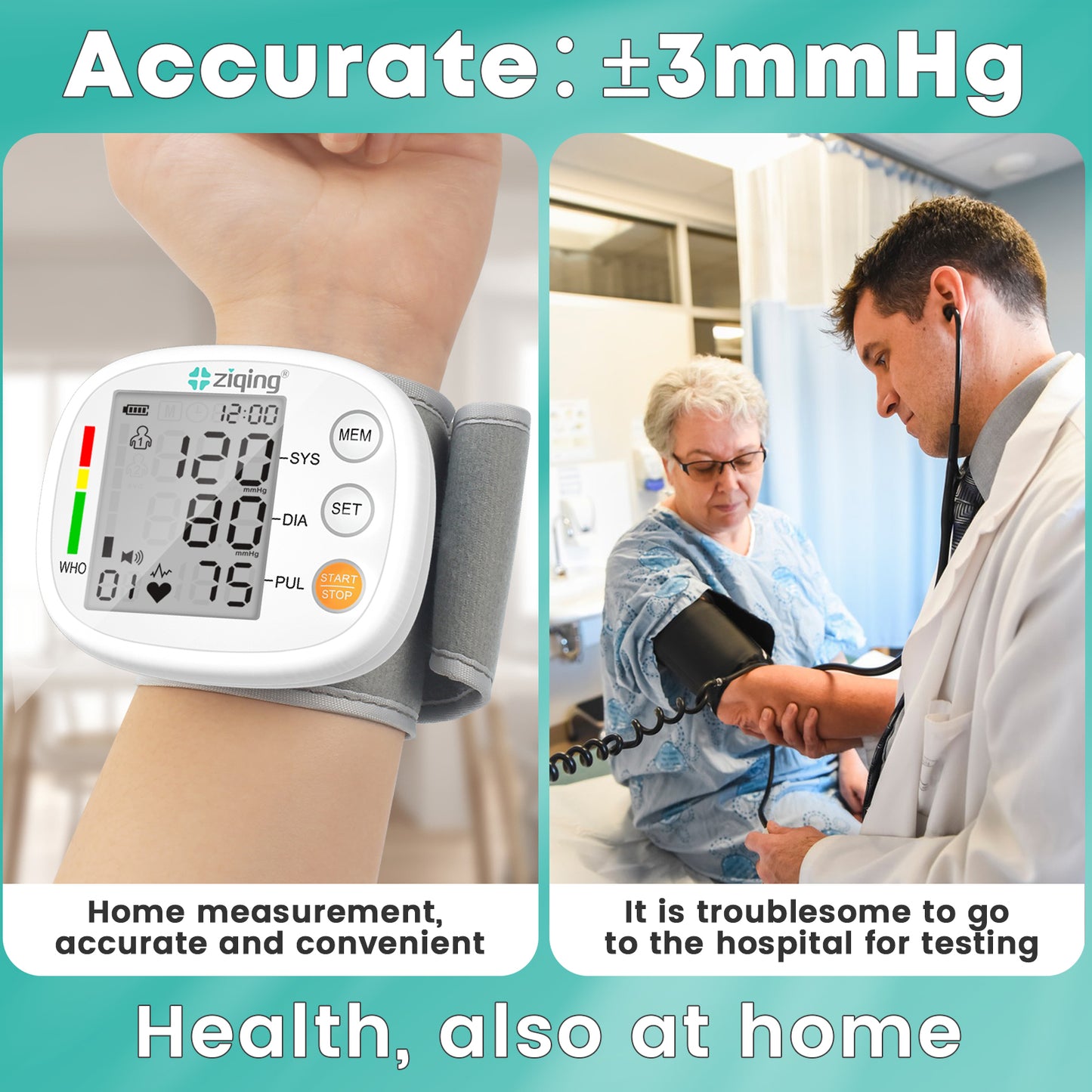 ZIQING Monitor de presión arterial de muñeca Máquina de presión arterial recargable con 2x99 juegos de memoria Transmisión de voz LCD grande para uso doméstico Máquina BP, circunferencia de muñeca de 5 ~ 7,7 pulgadas, negro 