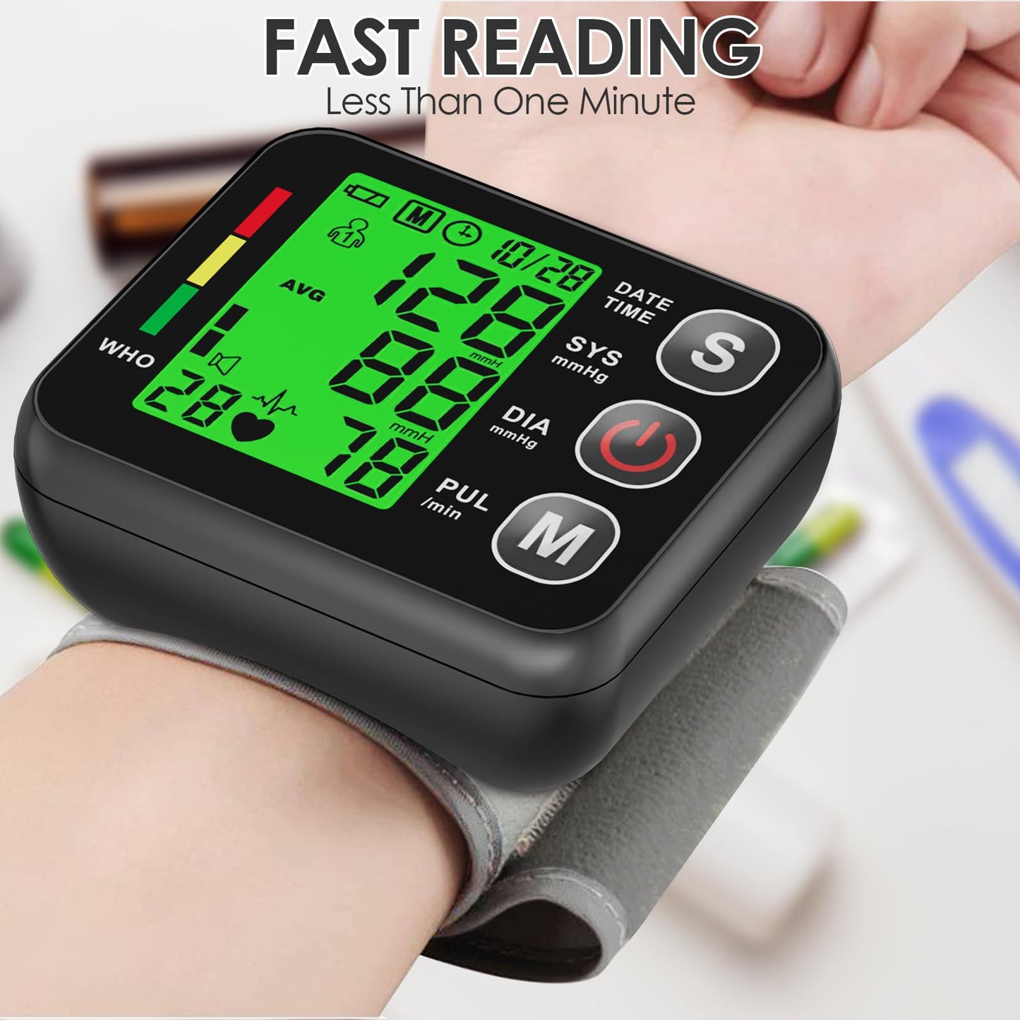 Wrist Blood Pressure Monitor -Bp Monitor, Automatic Blood Pressure Cuff 13.5-19.5 cm, High Accuracy, Backlit LCD Screen - 2 * 99 Sets of Memory for Home/Travel/Office Use