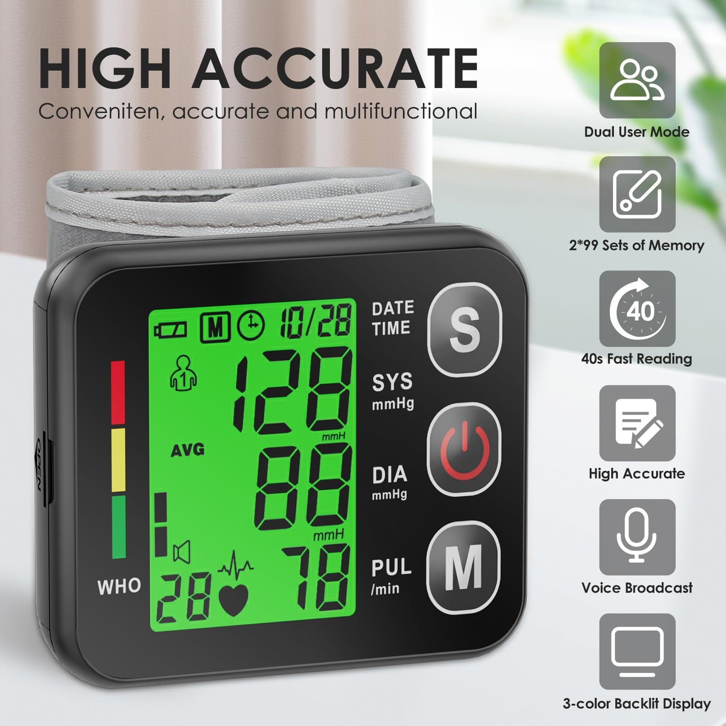 Wrist Blood Pressure Monitor -Bp Monitor, Automatic Blood Pressure Cuff 13.5-19.5 cm, High Accuracy, Backlit LCD Screen - 2 * 99 Sets of Memory for Home/Travel/Office Use