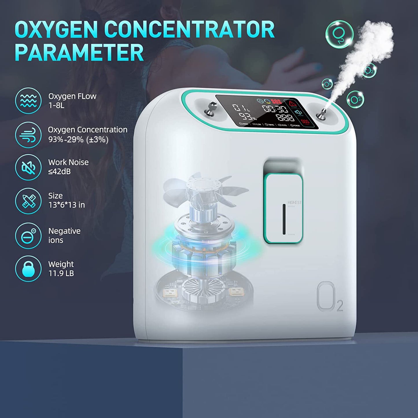 ziqing ZY-01 Concentrador de oxígeno con atomización Ajustable 1L-8L 93% Generador de oxígeno de Alta concentración Oxigenador portátil de bajo Ruido